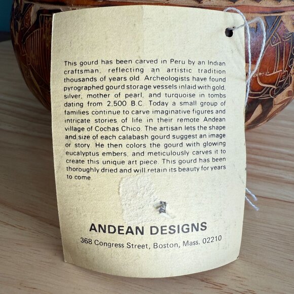 Vintage Hand-Carved Andean Gourd Box With Traditional Peruvian Design With Tags - Picture 3 of 16